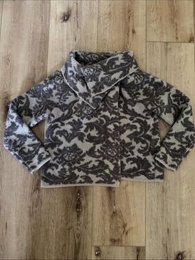 Chico's | Brown/Cream Floral Jacquard | Open Front Funnel Neck Sweater | size 1